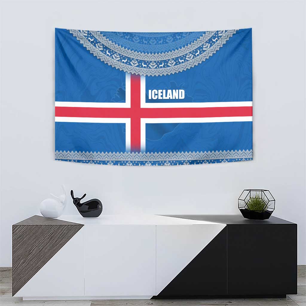 Iceland Flag Tapestry with Icelandic Crest and Traditional Nordic Knit Pattern Design