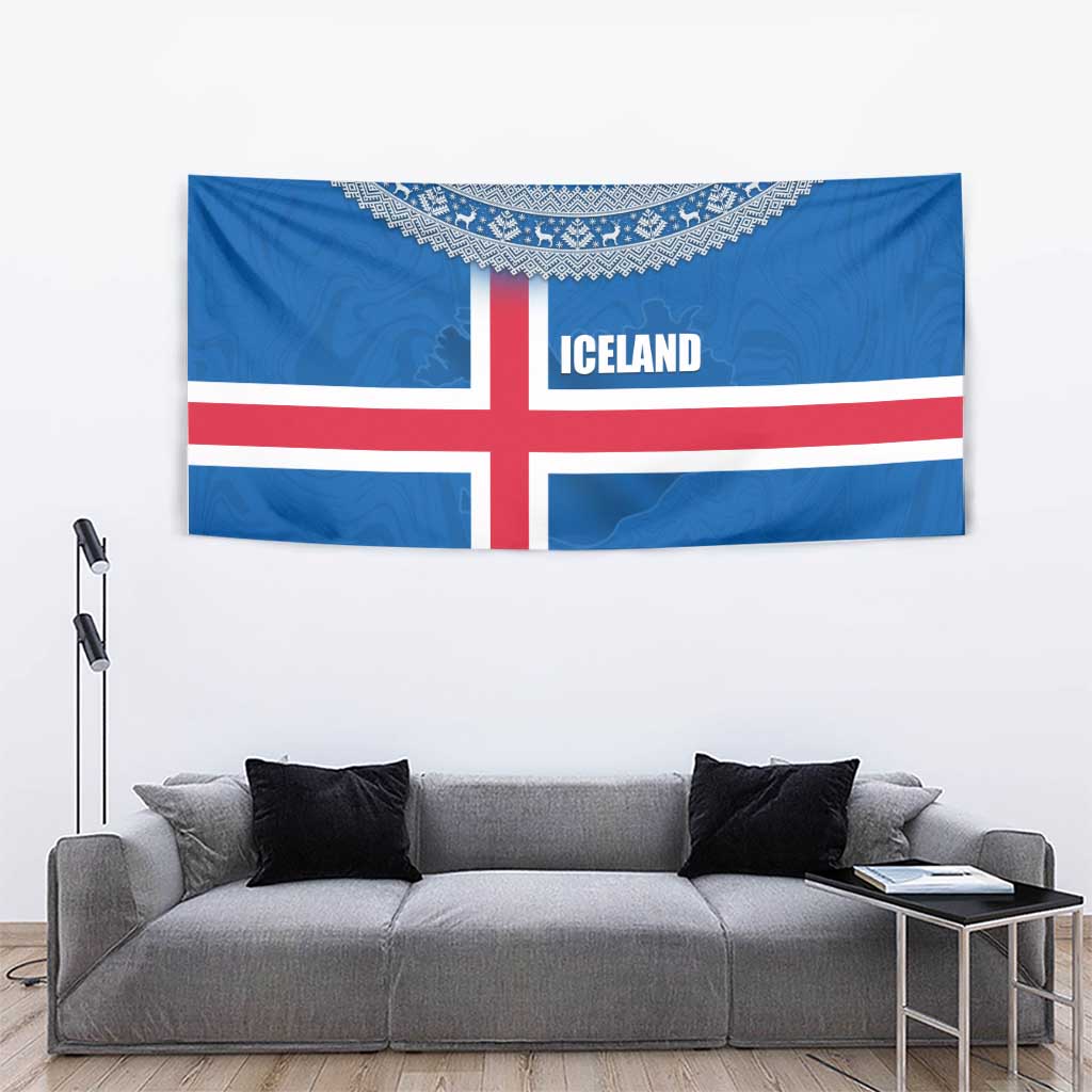 Iceland Flag Tapestry with Icelandic Crest and Traditional Nordic Knit Pattern Design