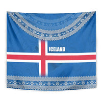 Iceland Flag Tapestry with Icelandic Crest and Traditional Nordic Knit Pattern Design