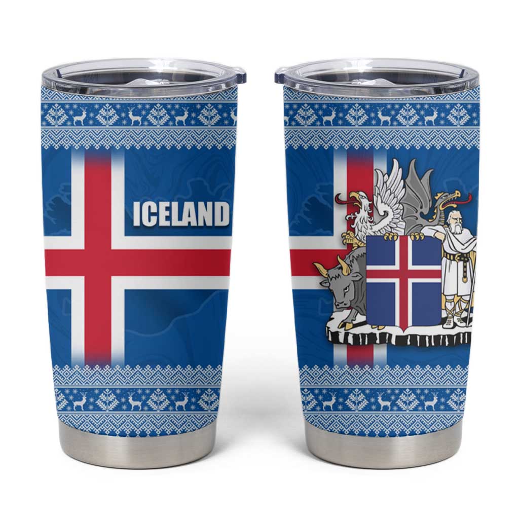 Iceland Flag Tumbler Cup with Icelandic Crest and Traditional Nordic Knit Pattern Design