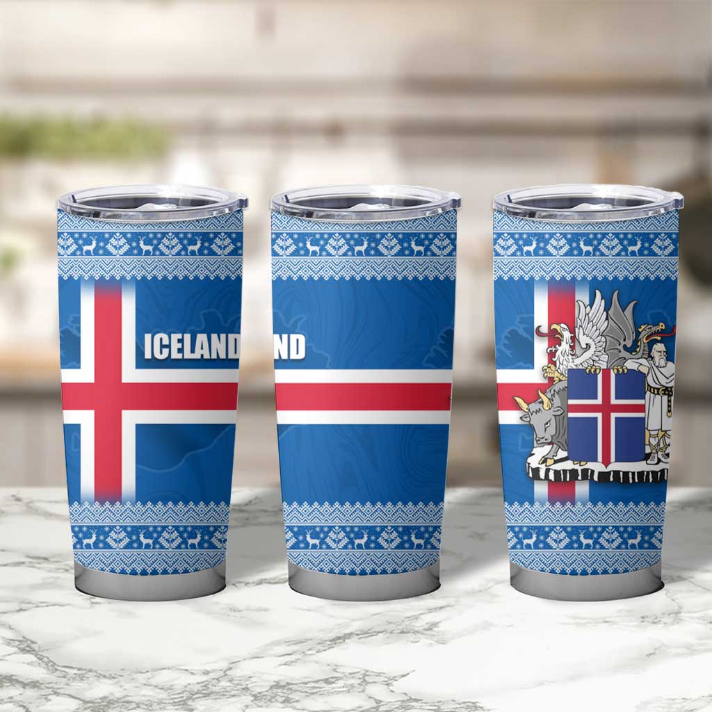 Iceland Flag Tumbler Cup with Icelandic Crest and Traditional Nordic Knit Pattern Design