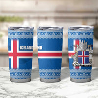 Iceland Flag Tumbler Cup with Icelandic Crest and Traditional Nordic Knit Pattern Design