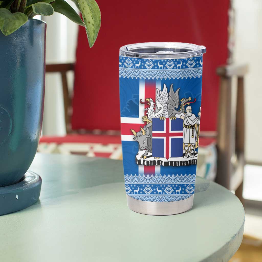Iceland Flag Tumbler Cup with Icelandic Crest and Traditional Nordic Knit Pattern Design