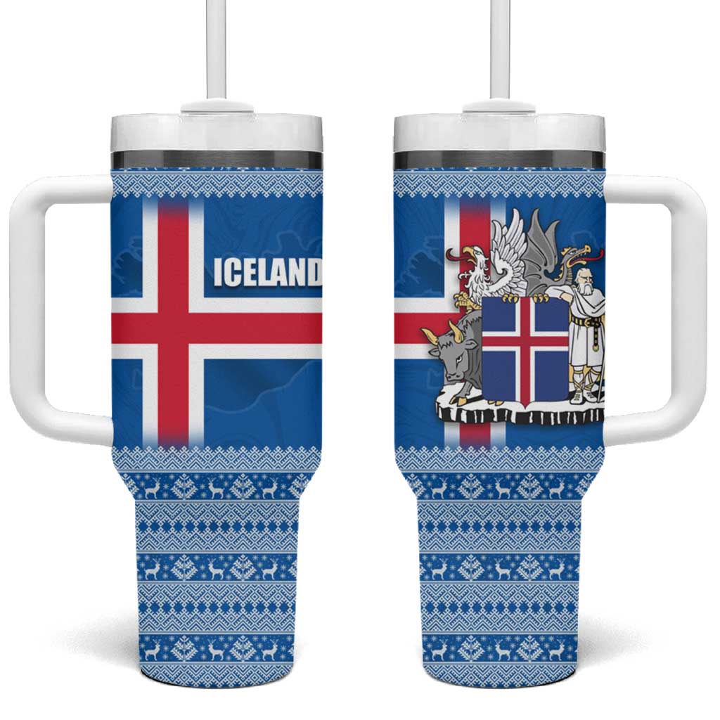 Iceland Flag Tumbler With Handle with Icelandic Crest and Traditional Nordic Knit Pattern Design