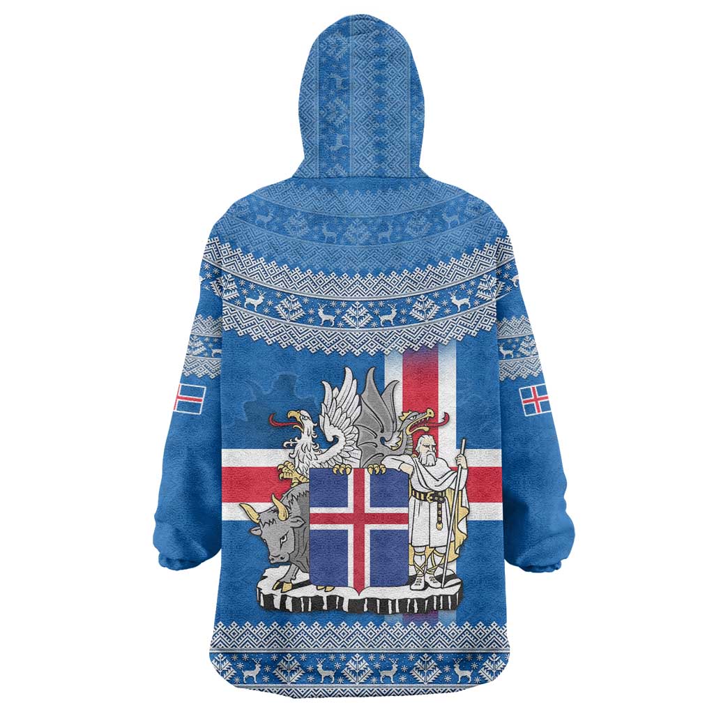 Iceland Flag Wearable Blanket Hoodie with Icelandic Crest and Traditional Nordic Knit Pattern Design