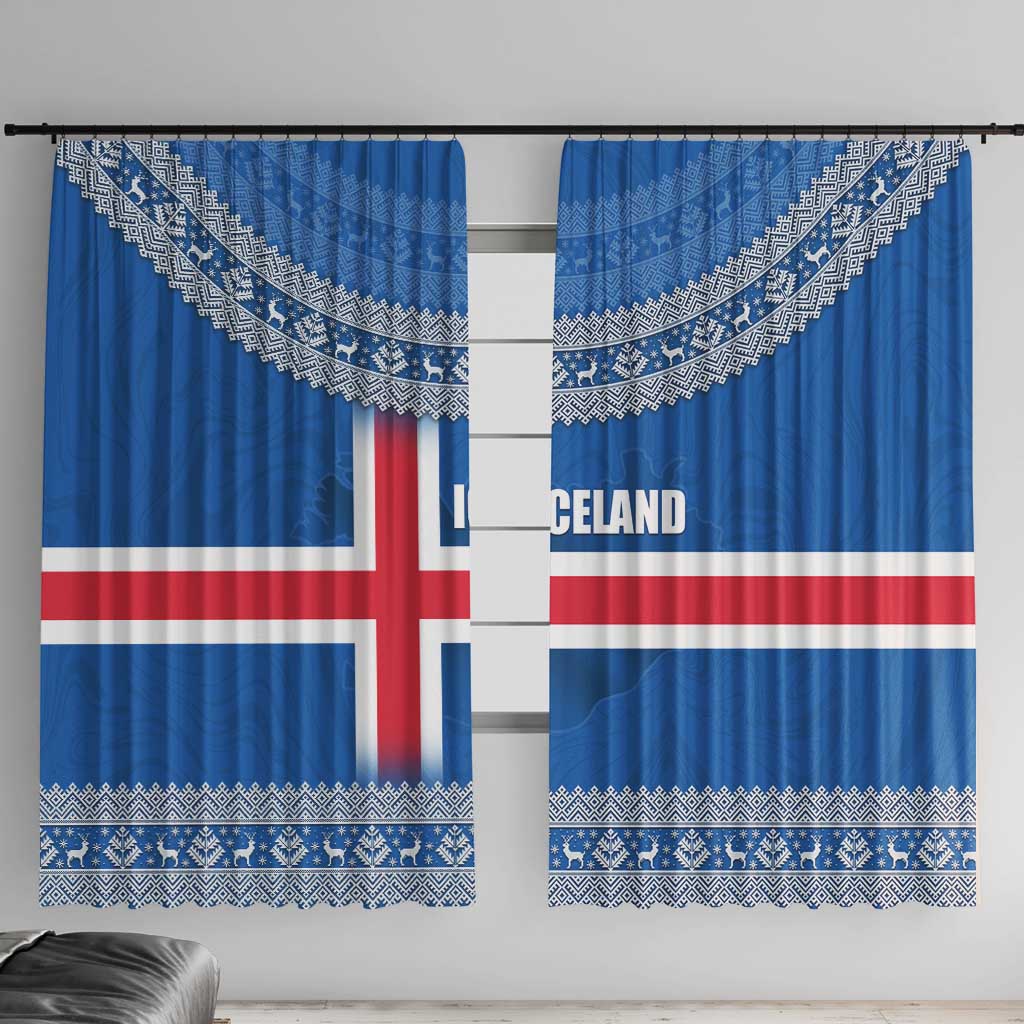 Iceland Flag Window Curtain with Icelandic Crest and Traditional Nordic Knit Pattern Design