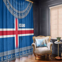 Iceland Flag Window Curtain with Icelandic Crest and Traditional Nordic Knit Pattern Design