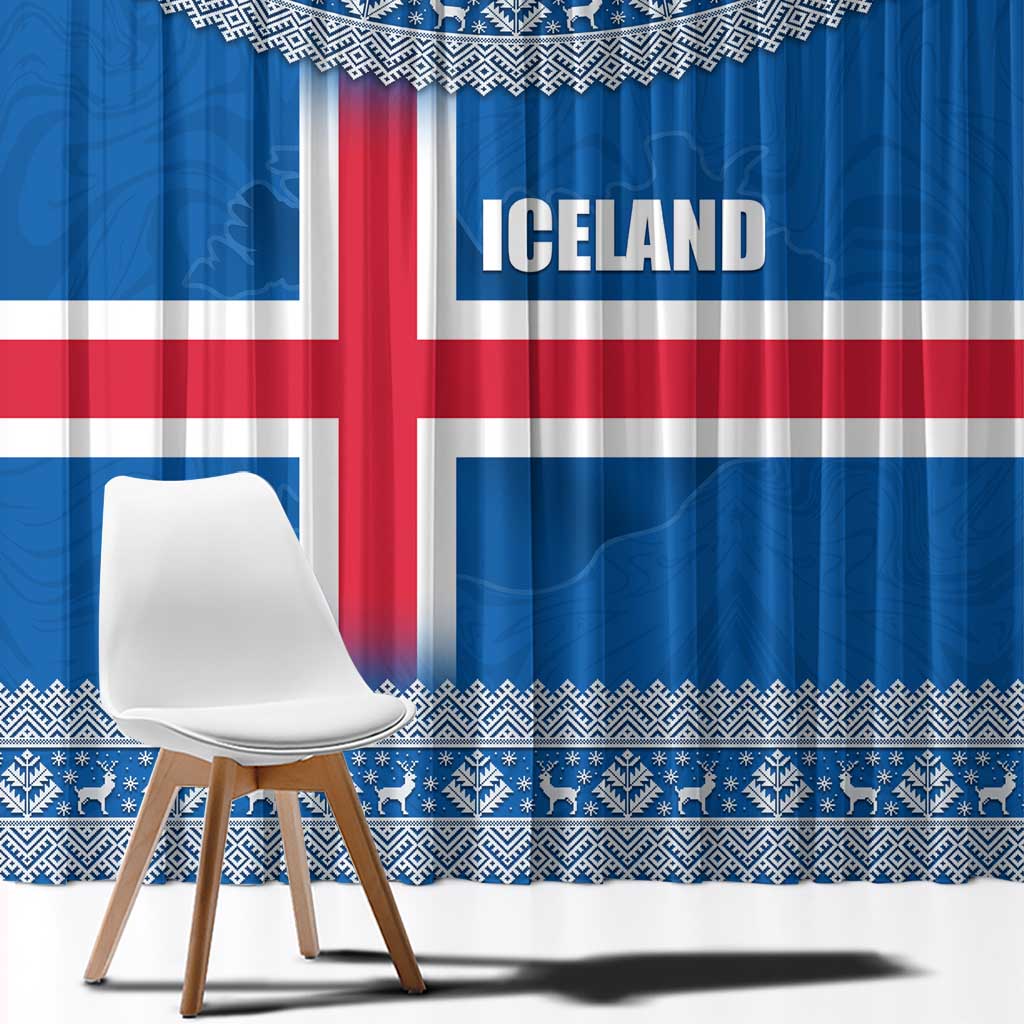Iceland Flag Window Curtain with Icelandic Crest and Traditional Nordic Knit Pattern Design