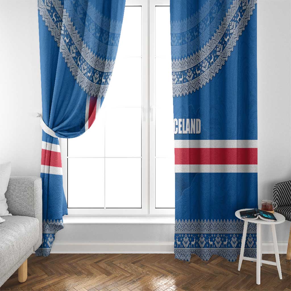 Iceland Flag Window Curtain with Icelandic Crest and Traditional Nordic Knit Pattern Design