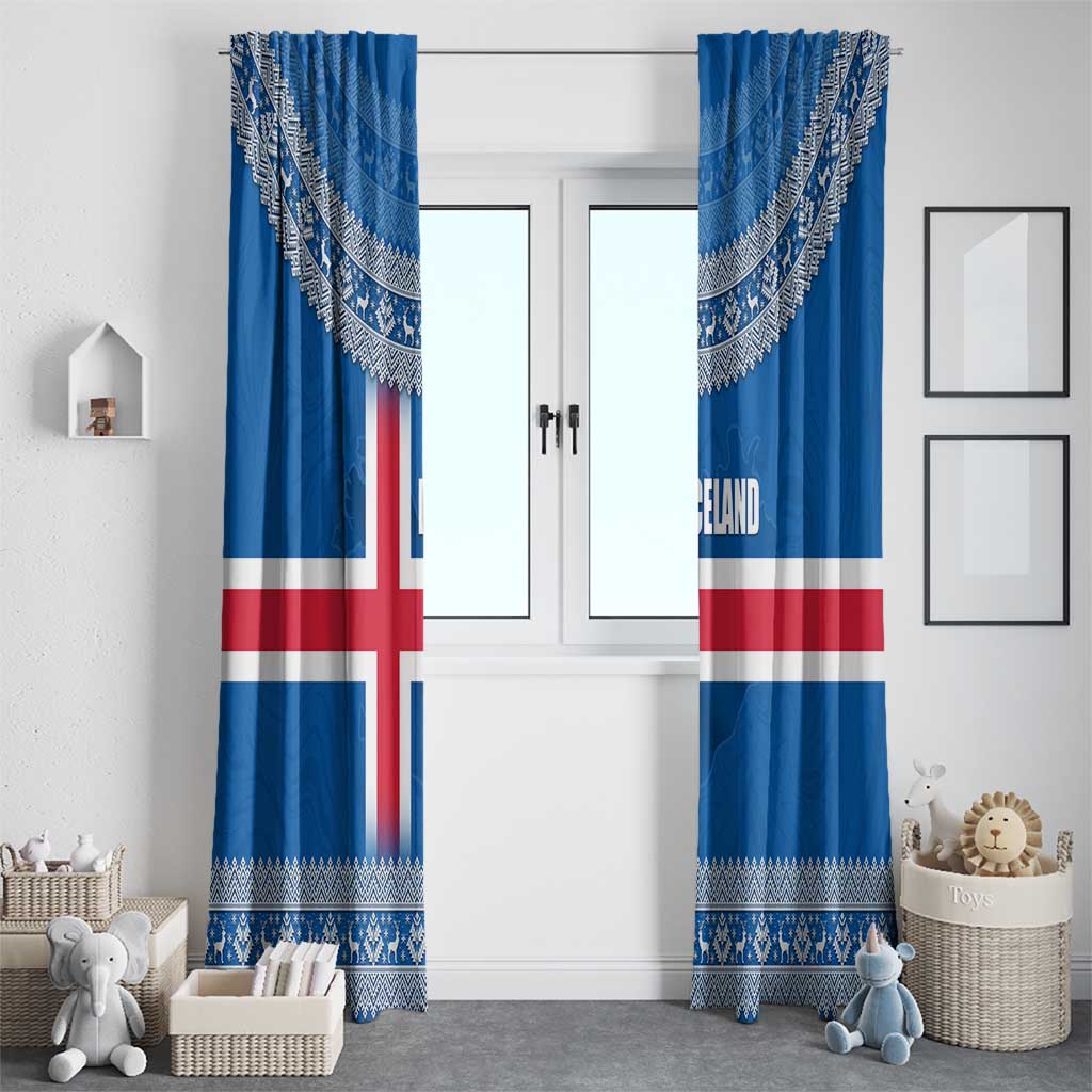Iceland Flag Window Curtain with Icelandic Crest and Traditional Nordic Knit Pattern Design