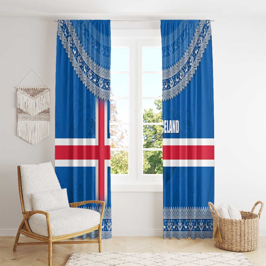 Iceland Flag Window Curtain with Icelandic Crest and Traditional Nordic Knit Pattern Design