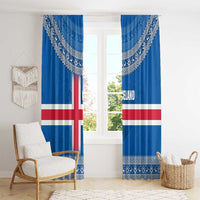 Iceland Flag Window Curtain with Icelandic Crest and Traditional Nordic Knit Pattern Design