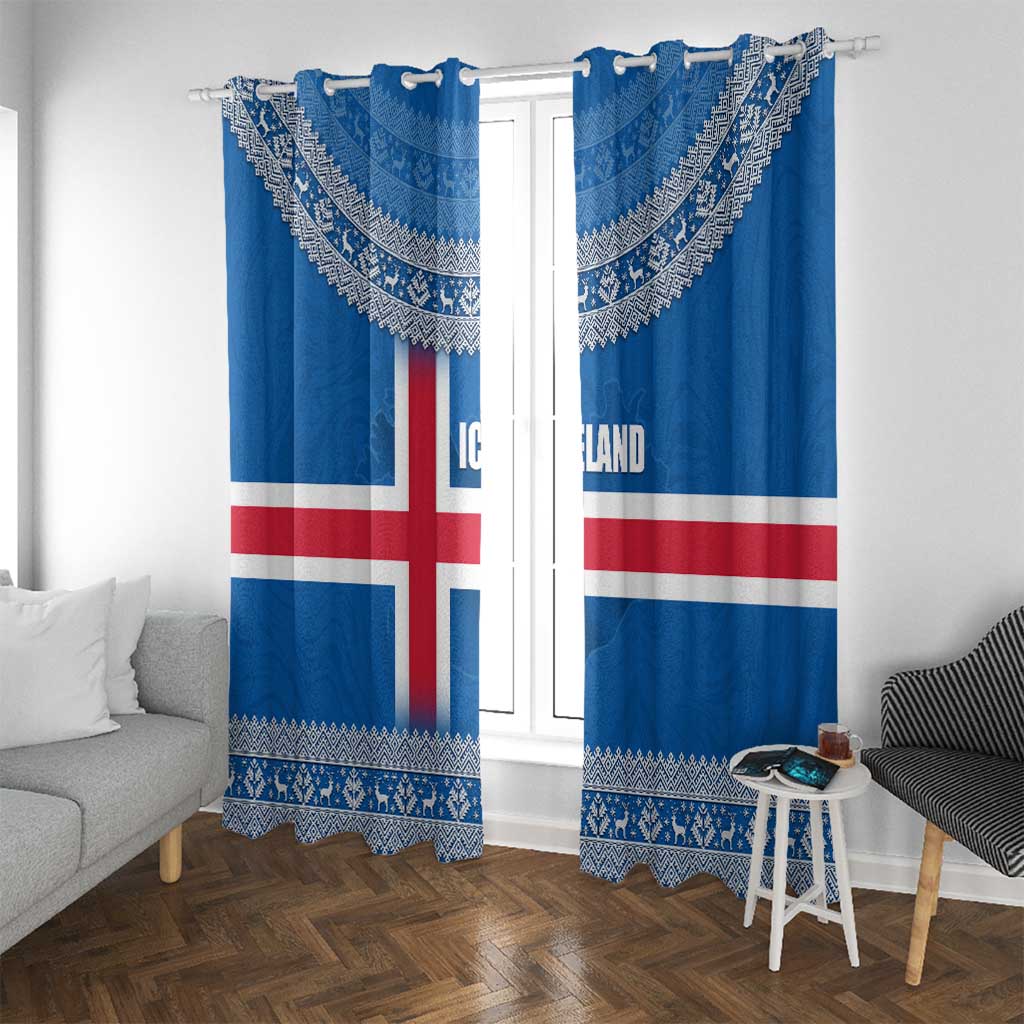 Iceland Flag Window Curtain with Icelandic Crest and Traditional Nordic Knit Pattern Design