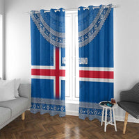 Iceland Flag Window Curtain with Icelandic Crest and Traditional Nordic Knit Pattern Design