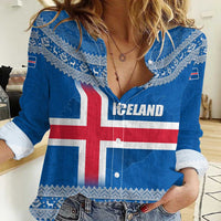 Iceland Flag Women Casual Shirt with Icelandic Crest and Traditional Nordic Knit Pattern Design