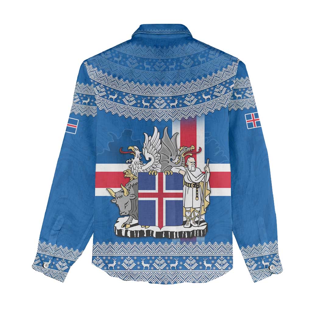 Iceland Flag Women Casual Shirt with Icelandic Crest and Traditional Nordic Knit Pattern Design