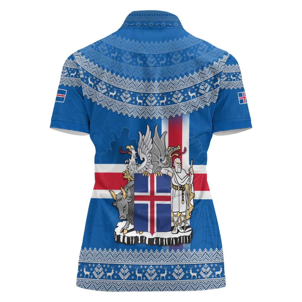 Iceland Flag Women Polo Shirt with Icelandic Crest and Traditional Nordic Knit Pattern Design