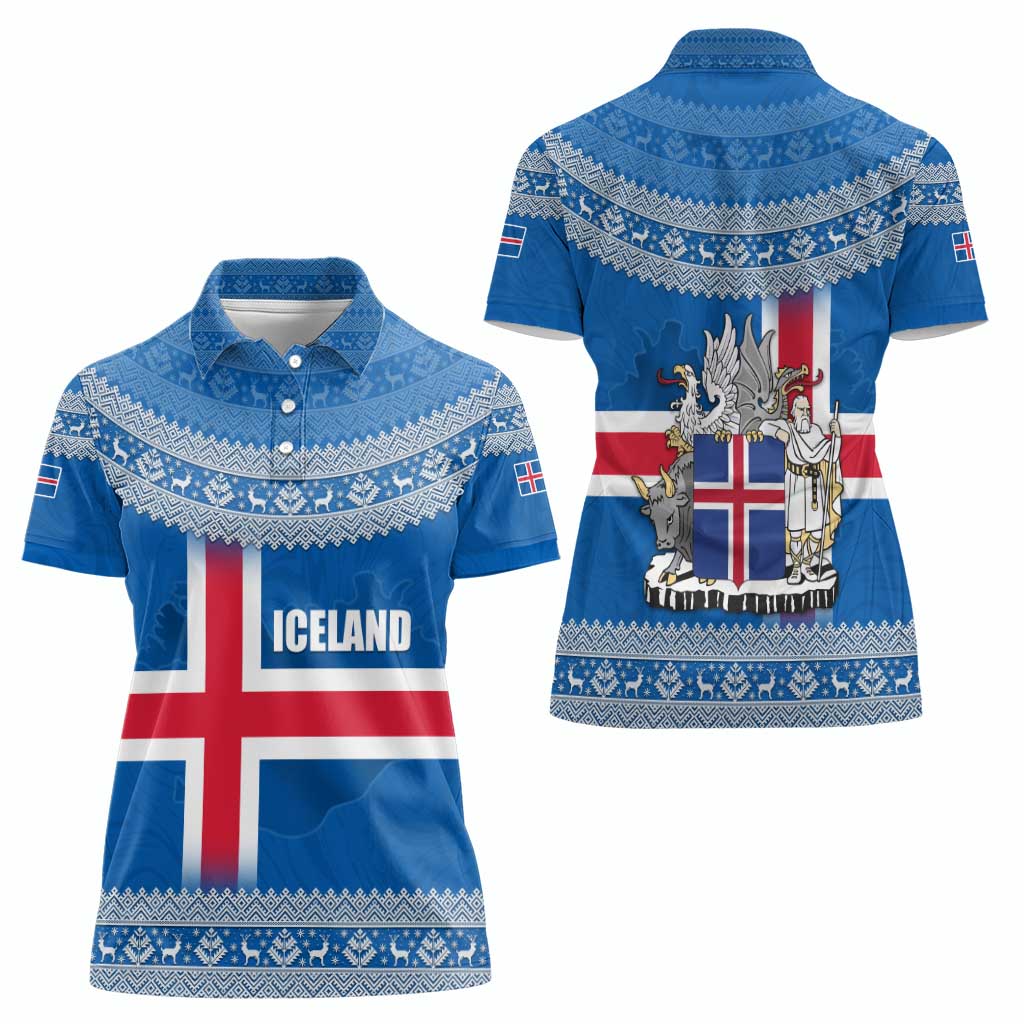 Iceland Flag Women Polo Shirt with Icelandic Crest and Traditional Nordic Knit Pattern Design