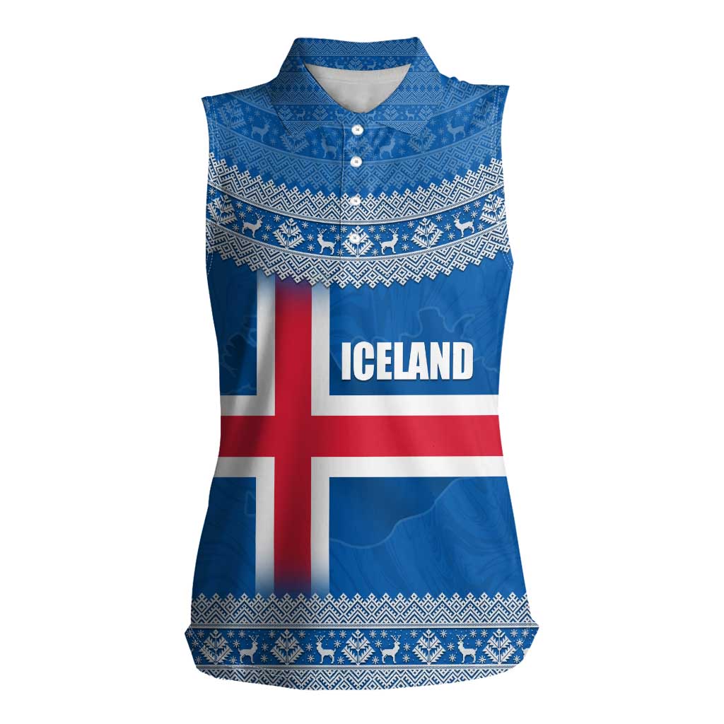 Iceland Flag Women Sleeveless Polo Shirt with Icelandic Crest and Traditional Nordic Knit Pattern Design