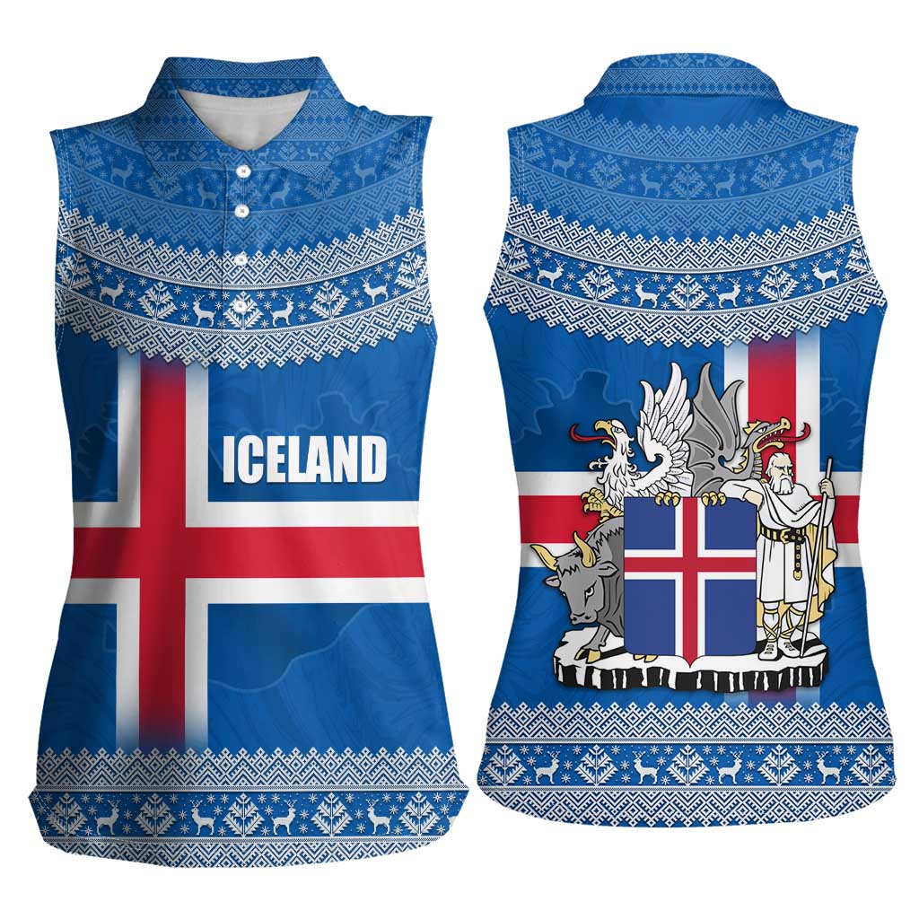 Iceland Flag Women Sleeveless Polo Shirt with Icelandic Crest and Traditional Nordic Knit Pattern Design