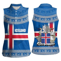 Iceland Flag Women Sleeveless Polo Shirt with Icelandic Crest and Traditional Nordic Knit Pattern Design