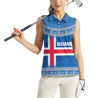 Iceland Flag Women Sleeveless Polo Shirt with Icelandic Crest and Traditional Nordic Knit Pattern Design