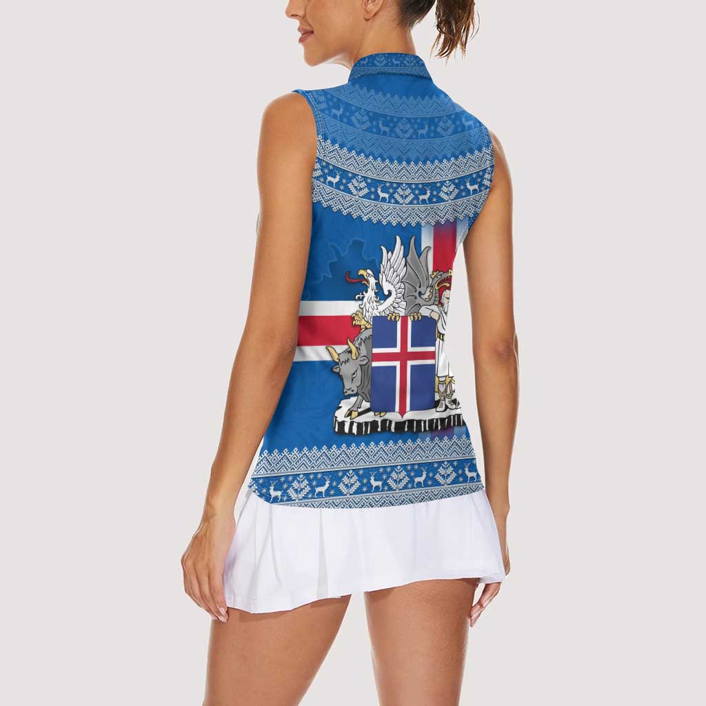 Iceland Flag Women Sleeveless Polo Shirt with Icelandic Crest and Traditional Nordic Knit Pattern Design