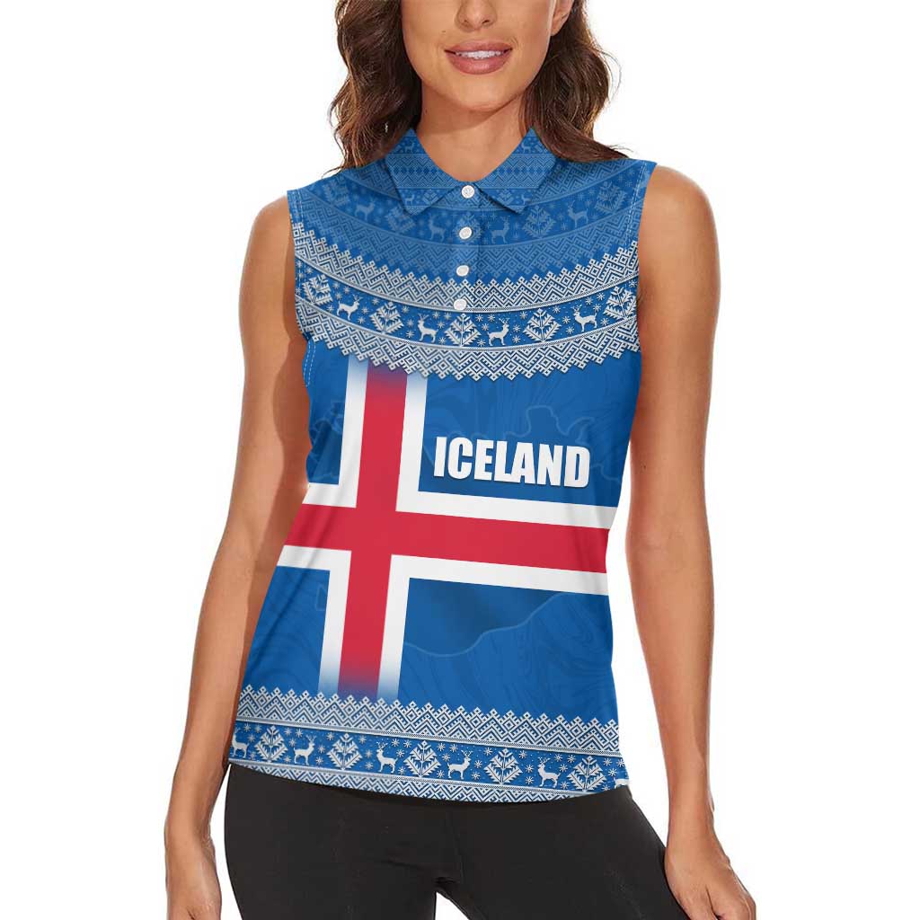 Iceland Flag Women Sleeveless Polo Shirt with Icelandic Crest and Traditional Nordic Knit Pattern Design