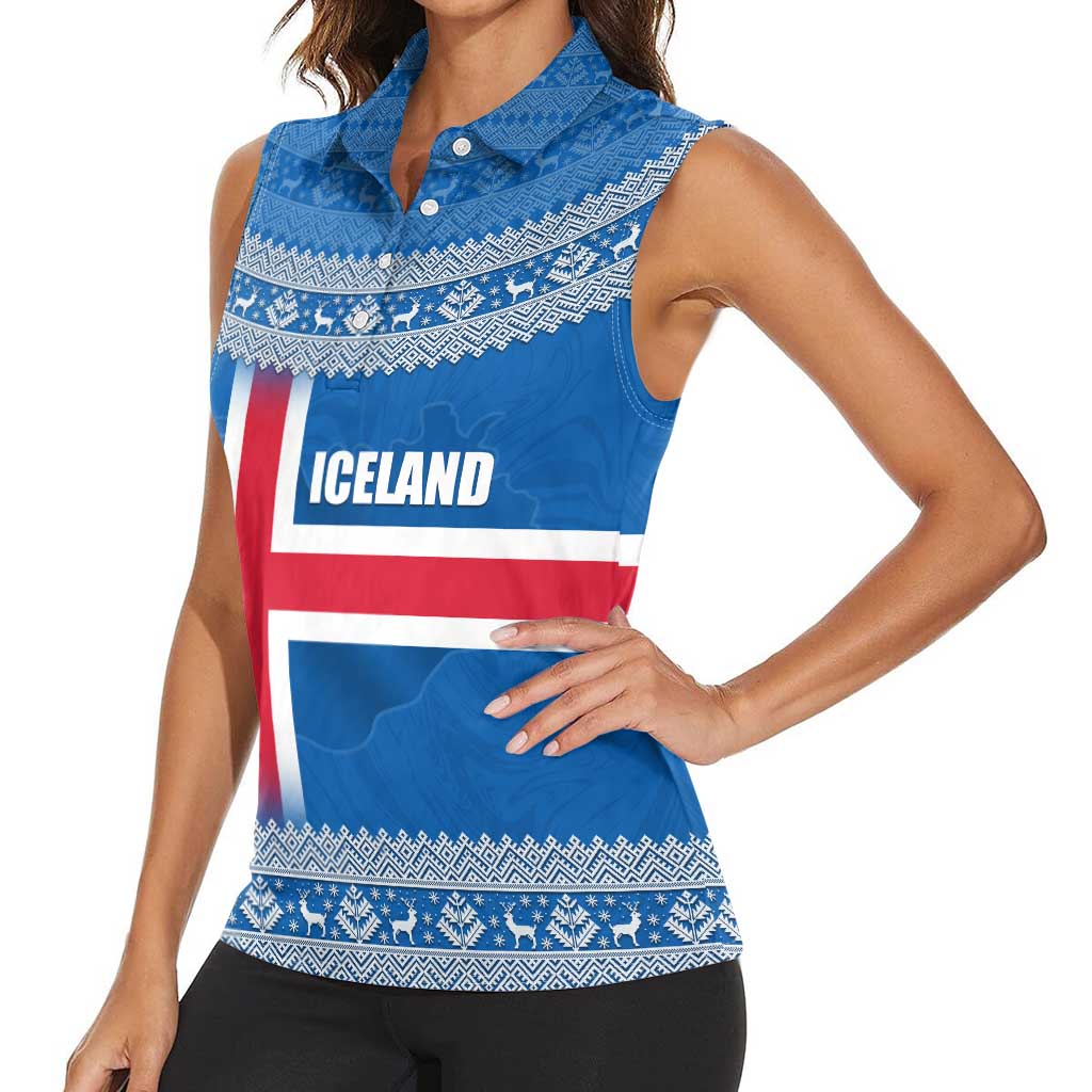 Iceland Flag Women Sleeveless Polo Shirt with Icelandic Crest and Traditional Nordic Knit Pattern Design