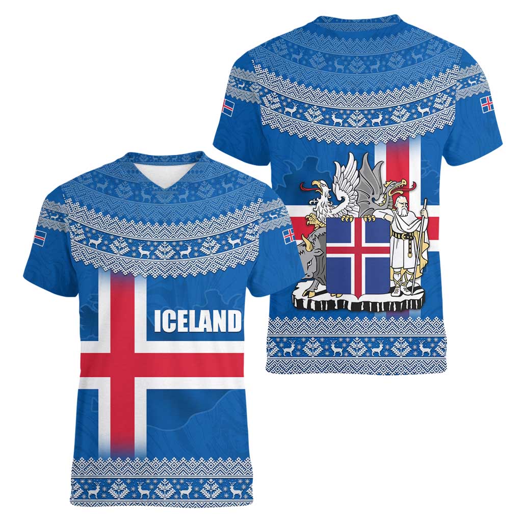 Iceland Flag Women V-Neck T-Shirt with Icelandic Crest and Traditional Nordic Knit Pattern Design
