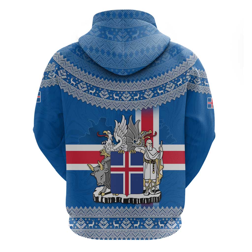 Iceland Flag Zip Hoodie with Icelandic Crest and Traditional Nordic Knit Pattern Design