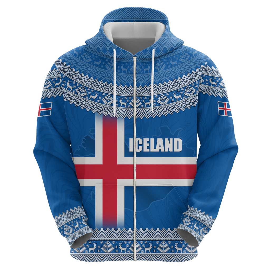 Iceland Flag Zip Hoodie with Icelandic Crest and Traditional Nordic Knit Pattern Design