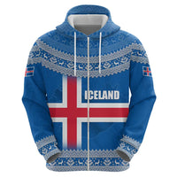 Iceland Flag Zip Hoodie with Icelandic Crest and Traditional Nordic Knit Pattern Design