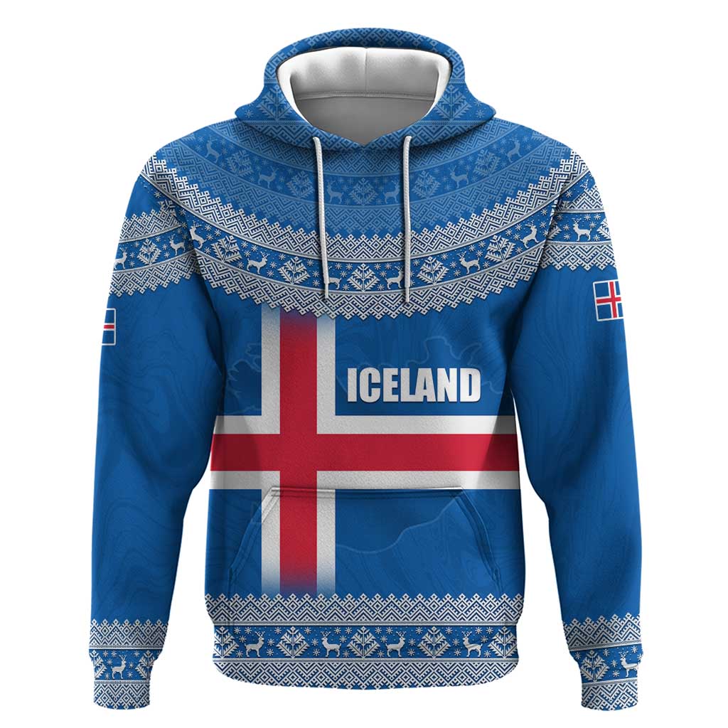 Iceland Flag Zip Hoodie with Icelandic Crest and Traditional Nordic Knit Pattern Design
