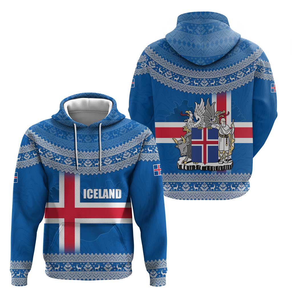 Iceland Flag Zip Hoodie with Icelandic Crest and Traditional Nordic Knit Pattern Design