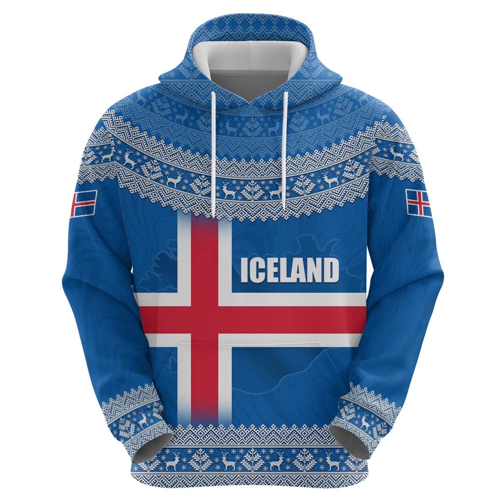 Iceland Flag Zip Hoodie with Icelandic Crest and Traditional Nordic Knit Pattern Design
