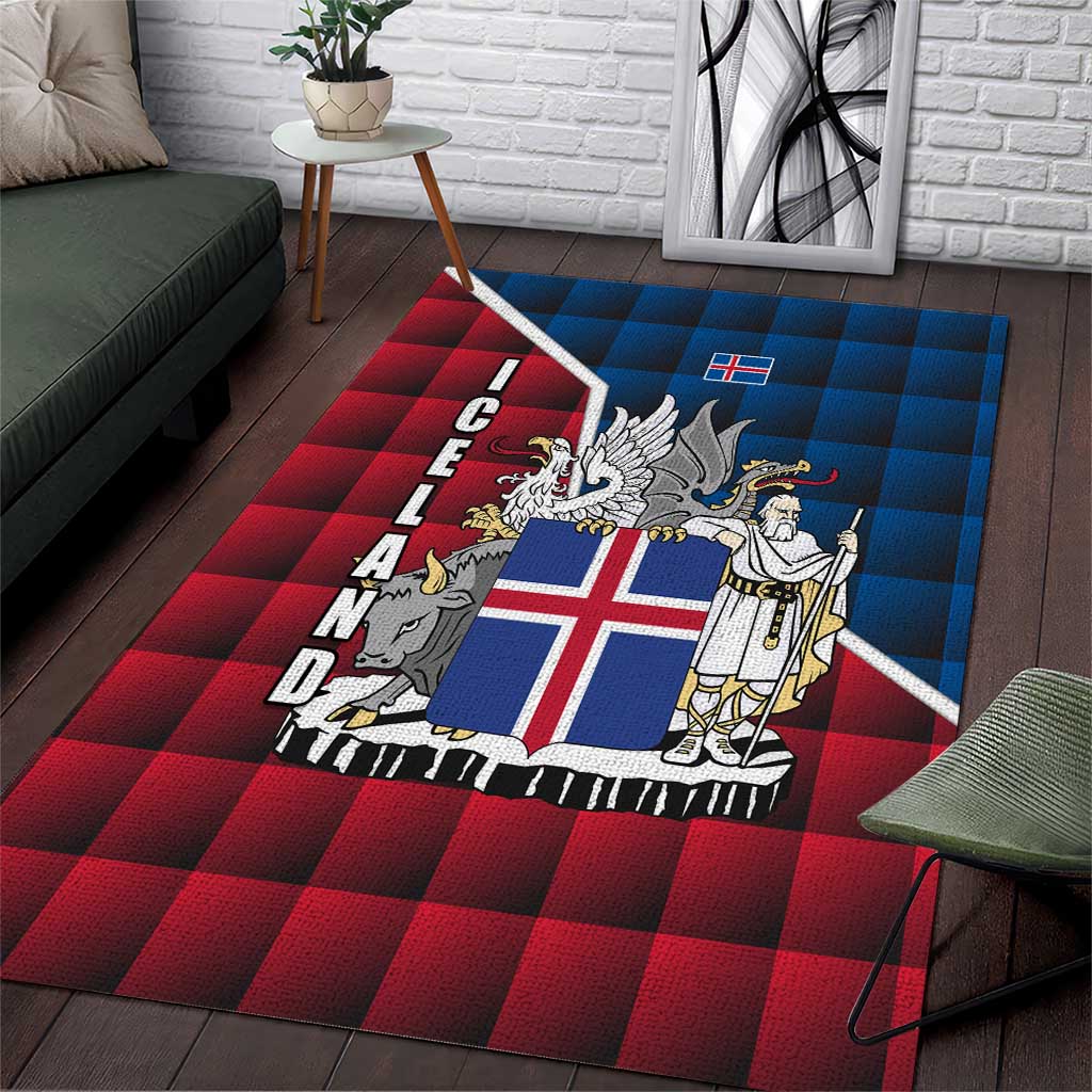 Iceland Crest Area Rug with Viking Dragon and Icelandic Flag Plaid Pattern - Wonder Print Shop
