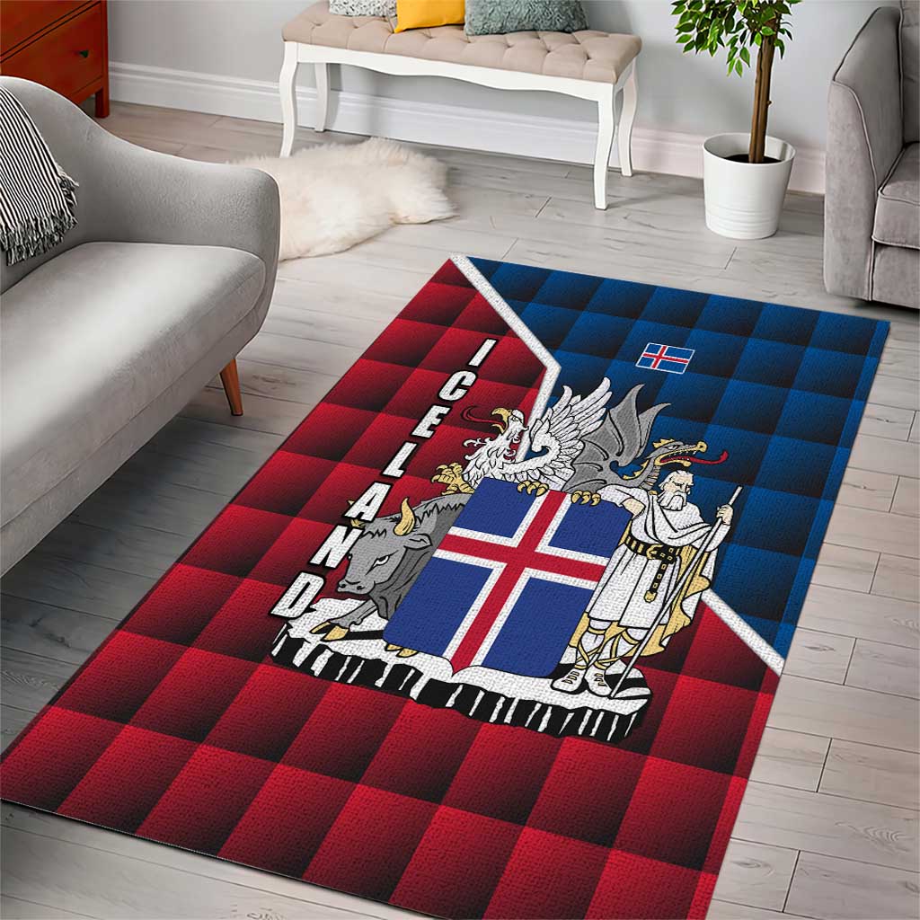Iceland Crest Area Rug with Viking Dragon and Icelandic Flag Plaid Pattern - Wonder Print Shop