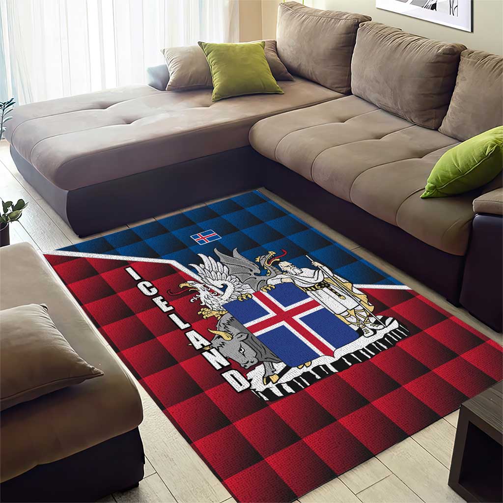 Iceland Crest Area Rug with Viking Dragon and Icelandic Flag Plaid Pattern - Wonder Print Shop
