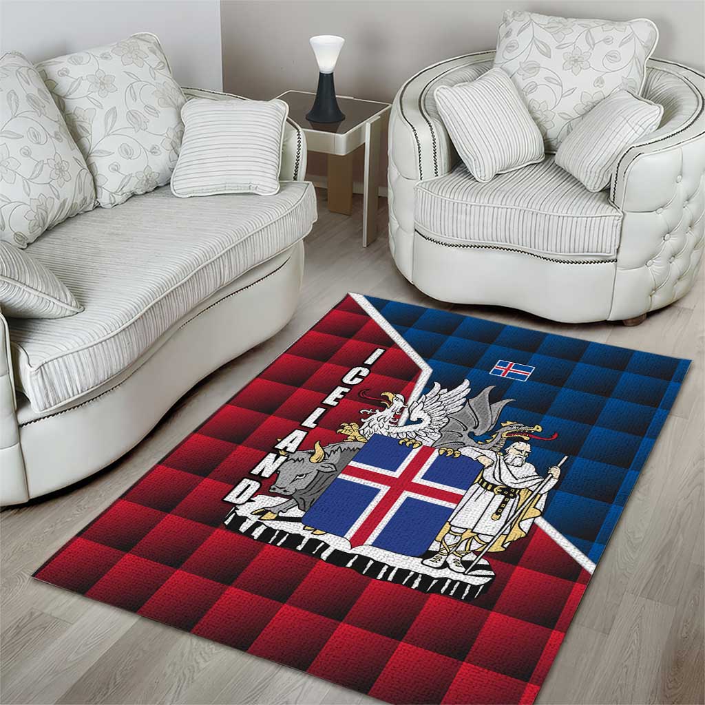 Iceland Crest Area Rug with Viking Dragon and Icelandic Flag Plaid Pattern - Wonder Print Shop