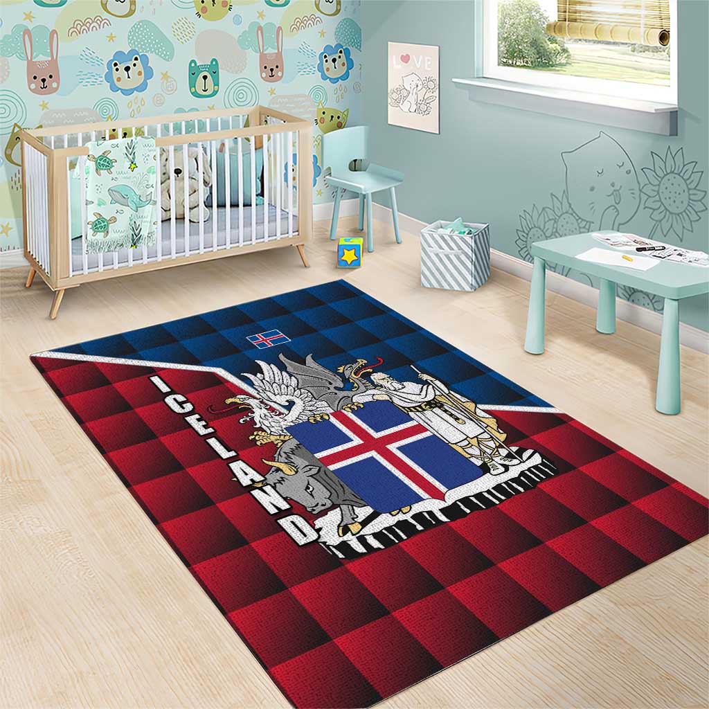 Iceland Crest Area Rug with Viking Dragon and Icelandic Flag Plaid Pattern - Wonder Print Shop