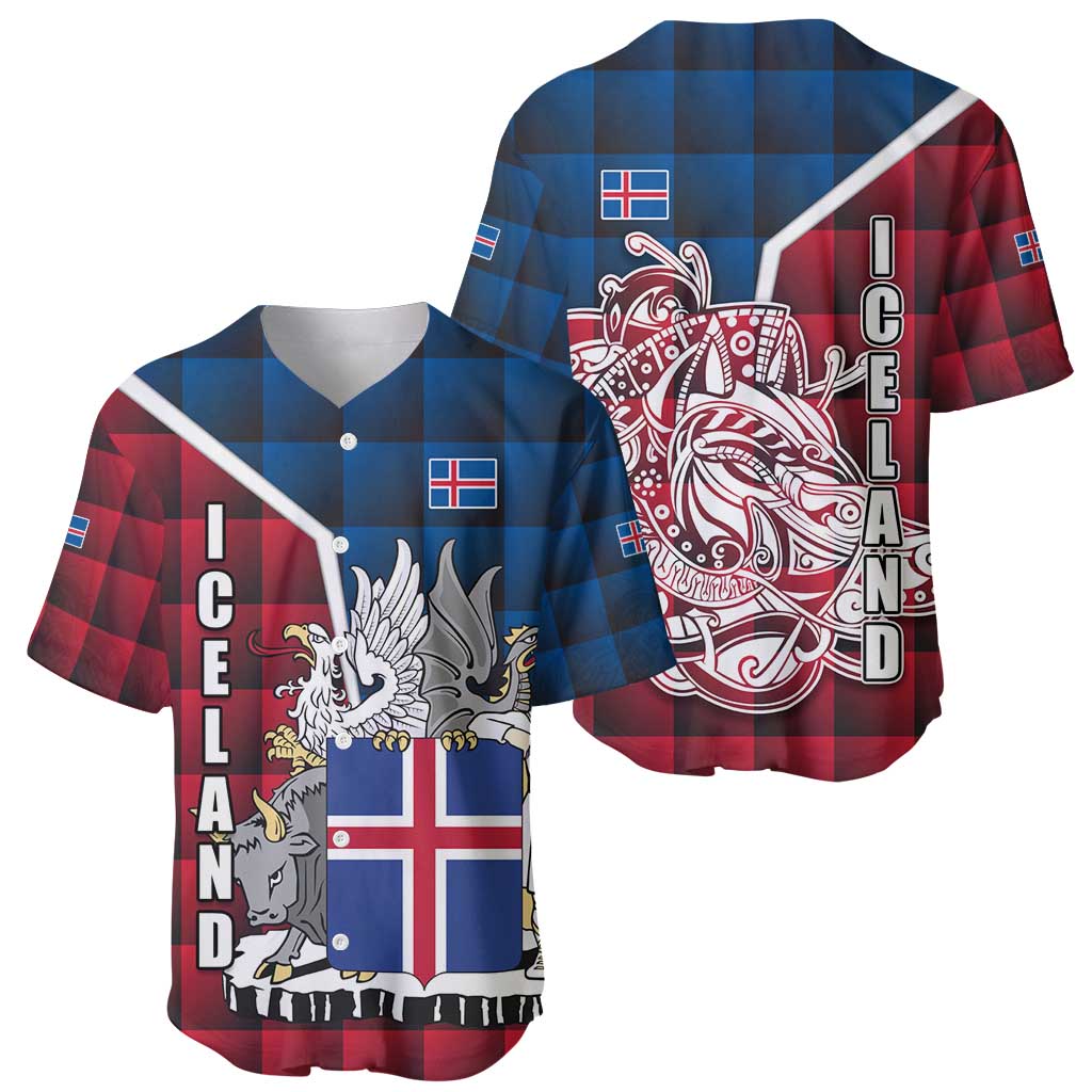 Iceland Crest Baseball Jersey with Viking Dragon and Icelandic Flag Plaid Pattern - Wonder Print Shop
