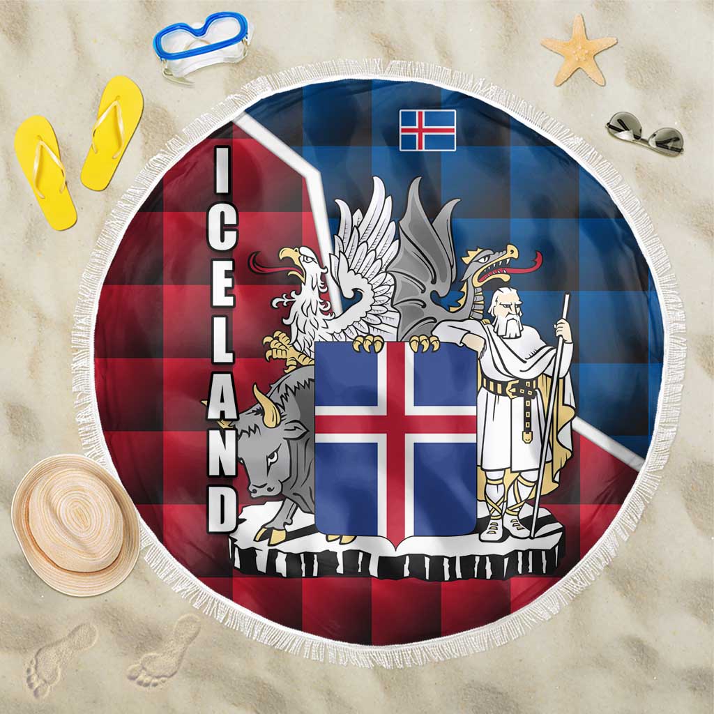 Iceland Crest Beach Blanket with Viking Dragon and Icelandic Flag Plaid Pattern - Wonder Print Shop