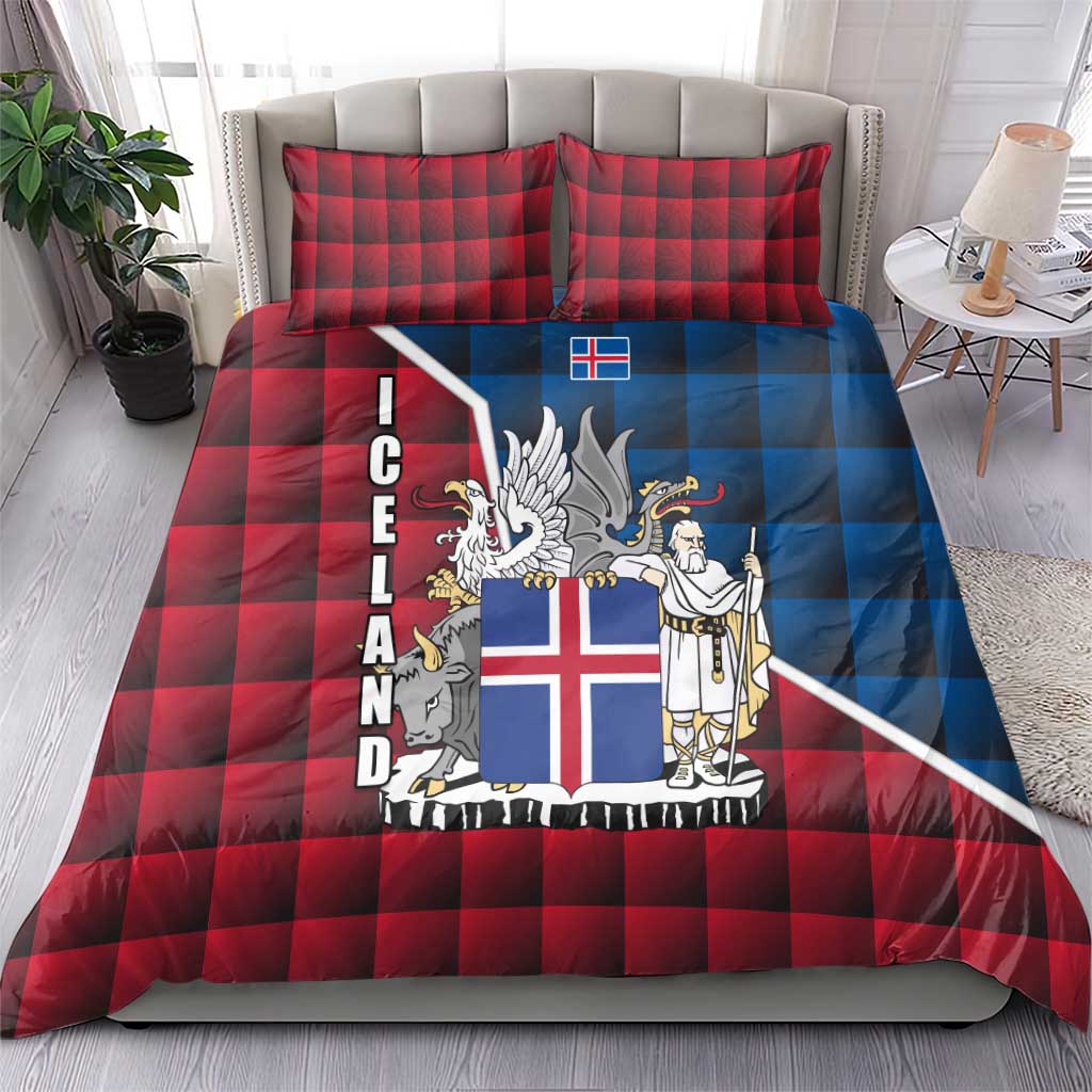 Iceland Crest Bedding Set with Viking Dragon and Icelandic Flag Plaid Pattern - Wonder Print Shop