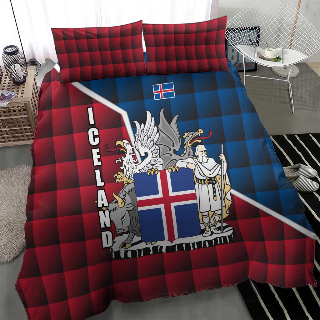 Iceland Crest Bedding Set with Viking Dragon and Icelandic Flag Plaid Pattern - Wonder Print Shop