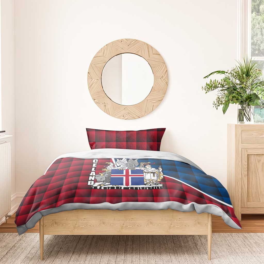 Iceland Crest Bedding Set with Viking Dragon and Icelandic Flag Plaid Pattern - Wonder Print Shop