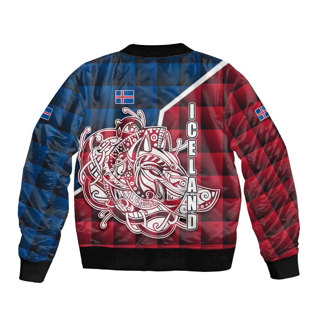 Iceland Crest Bomber Jacket with Viking Dragon and Icelandic Flag Plaid Pattern - Wonder Print Shop