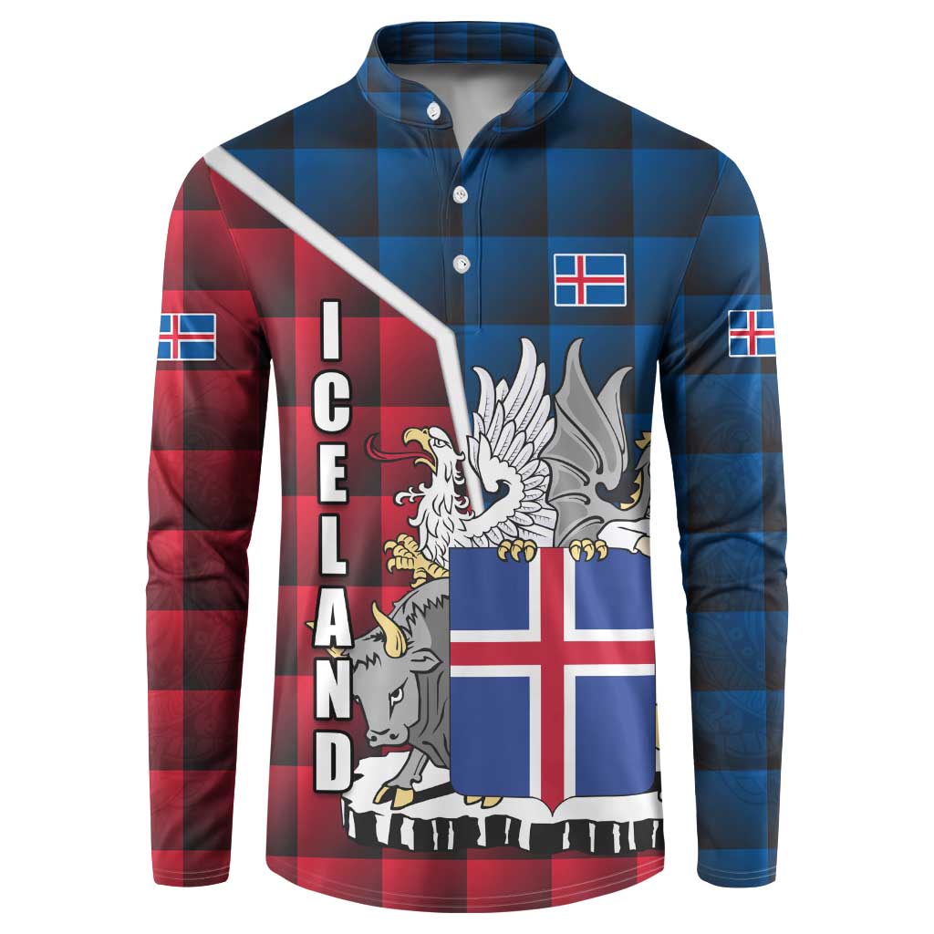 Iceland Crest Button Sweatshirt with Viking Dragon and Icelandic Flag Plaid Pattern - Wonder Print Shop