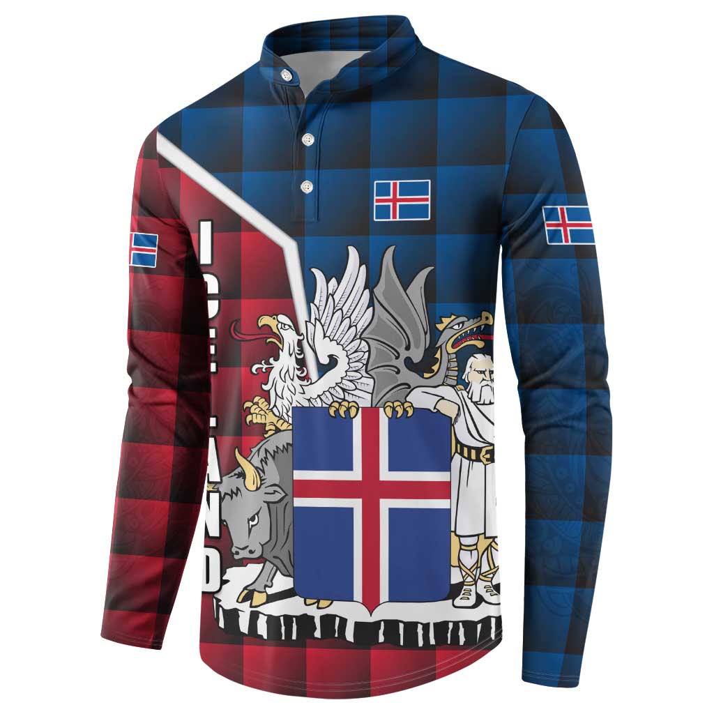 Iceland Crest Button Sweatshirt with Viking Dragon and Icelandic Flag Plaid Pattern - Wonder Print Shop