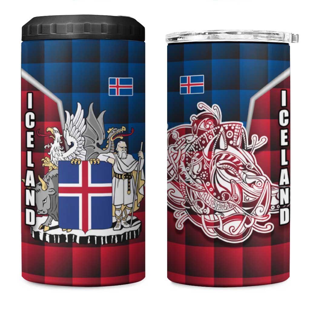 Iceland Crest 4 in 1 Can Cooler Tumbler with Viking Dragon and Icelandic Flag Plaid Pattern - Wonder Print Shop